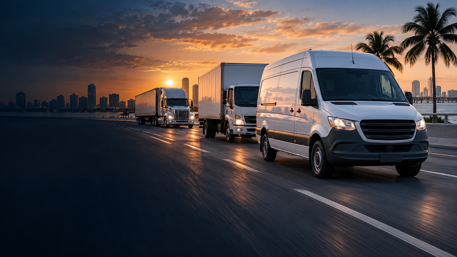Cargo van, box truck and tractor-trailer traveling on a South Florida roadway at sunrise